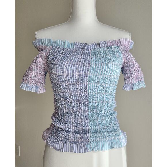 Petersyn Kinsey Top Ruffle Smocked Off The Shoulder Blue Pink Vacation XS NWT - Picture 3 of 9